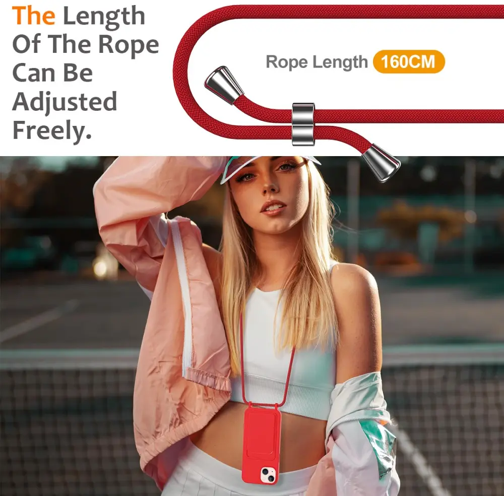 Apple iPhone 15 Hoesje met Koord en Pasjeshouder Siliconen Rood afbeelding 4