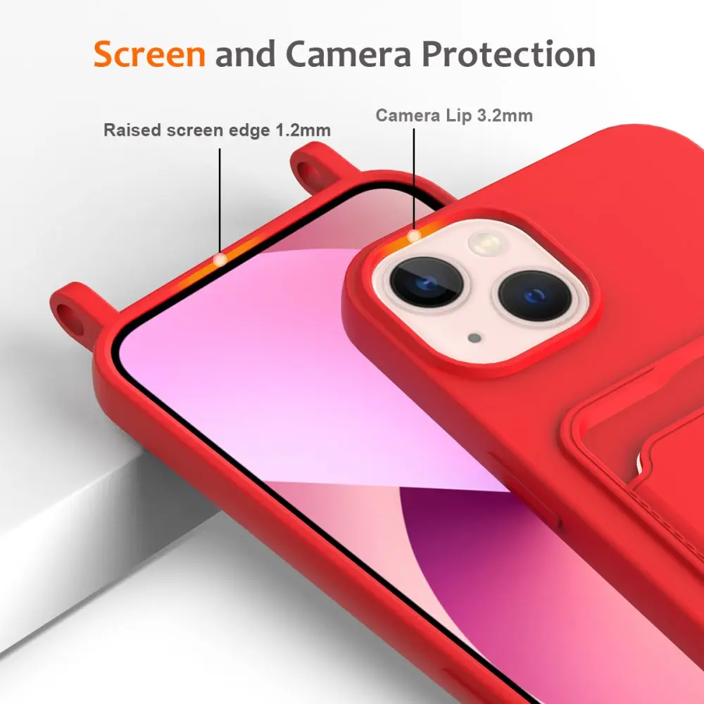 Apple iPhone 15 Hoesje met Koord en Pasjeshouder Siliconen Rood afbeelding 6