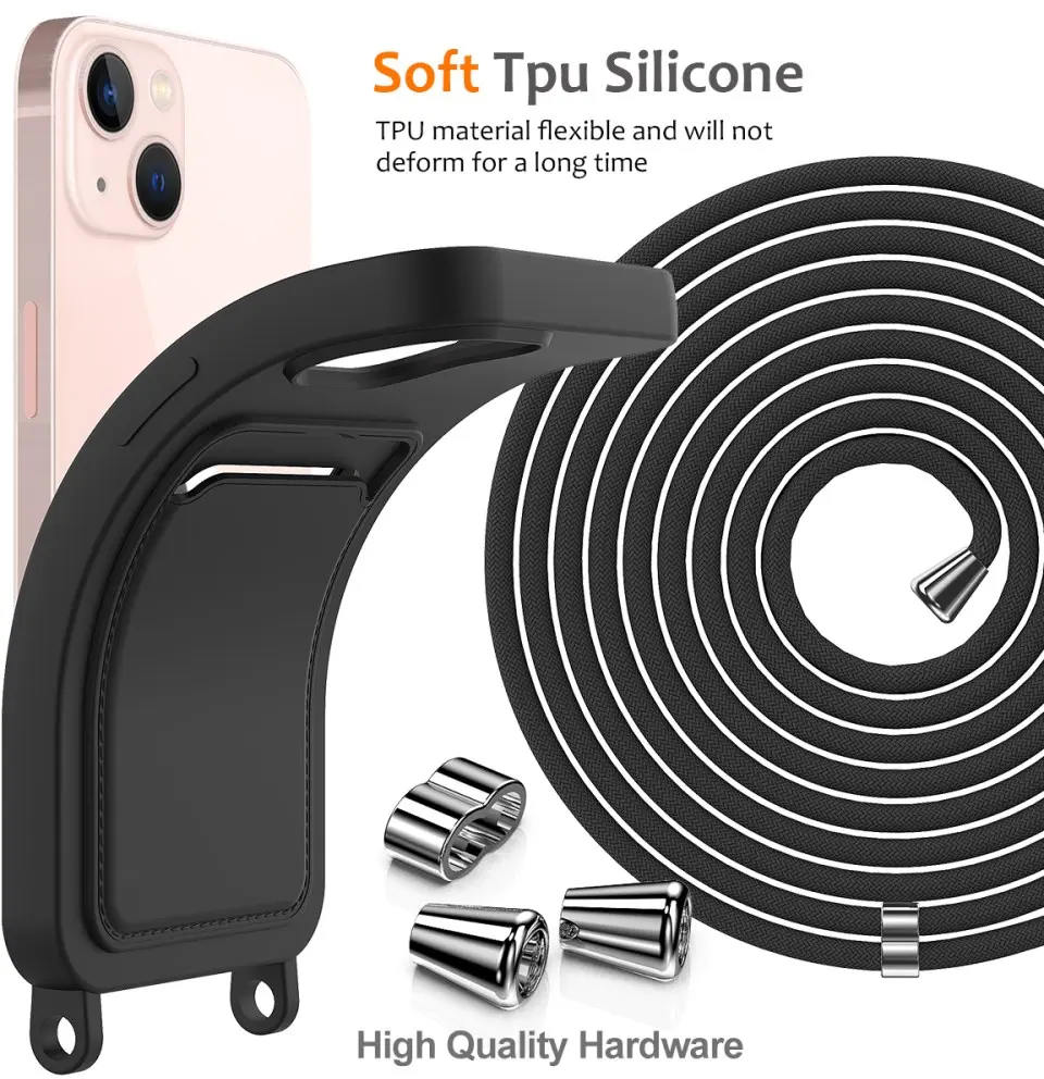 Apple iPhone 13 Hoesje met Koord en Pasjeshouder Siliconen Zwart afbeelding 9
