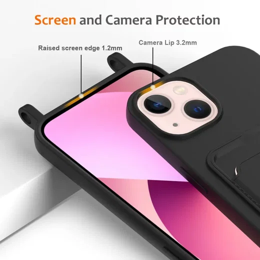 Apple iPhone 13 Hoesje met Koord en Pasjeshouder Siliconen Zwart afbeelding 6