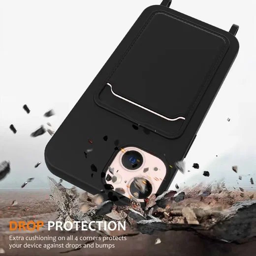 Apple iPhone 13 Hoesje met Koord en Pasjeshouder Siliconen Zwart afbeelding 3