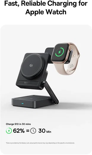 Baseus PicoGo 3-in-1 Draadloze Qi 2.2 Oplader Smartphone/Watch/AirPods 25W Zwart afbeelding 5