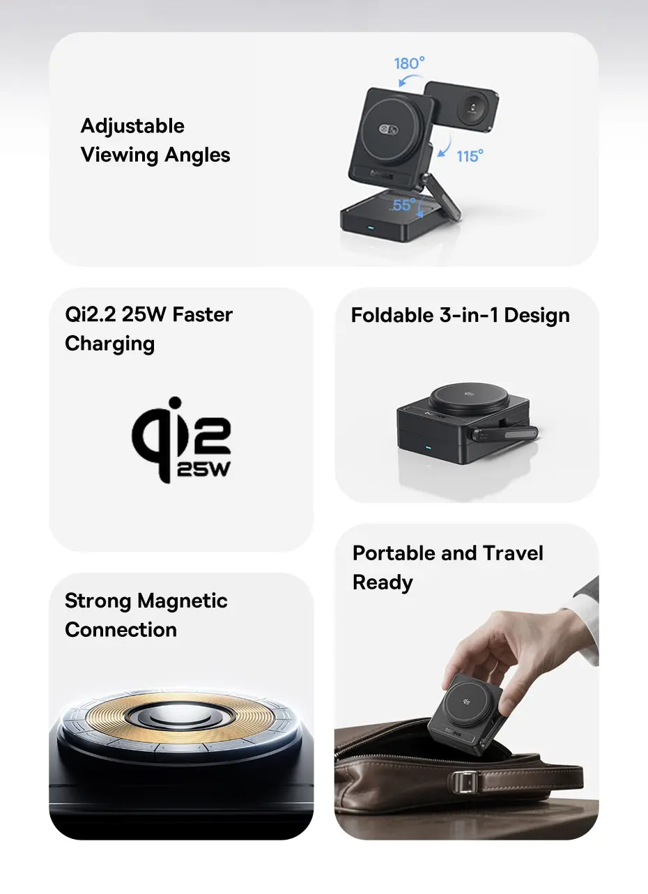 Baseus PicoGo 3-in-1 Draadloze Qi 2.2 Oplader Smartphone/Watch/AirPods 25W Zwart afbeelding 3