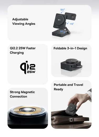 Baseus PicoGo 3-in-1 Draadloze Qi 2.2 Oplader Smartphone/Watch/AirPods 25W Zwart afbeelding 3
