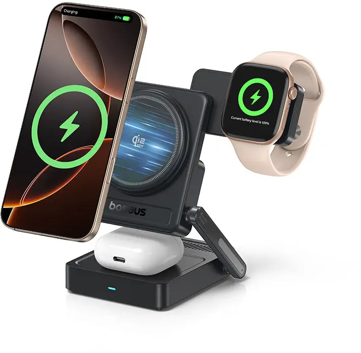 Baseus PicoGo 3-in-1 Draadloze Qi 2.2 Oplader Smartphone/Watch/AirPods 25W Zwart afbeelding 1