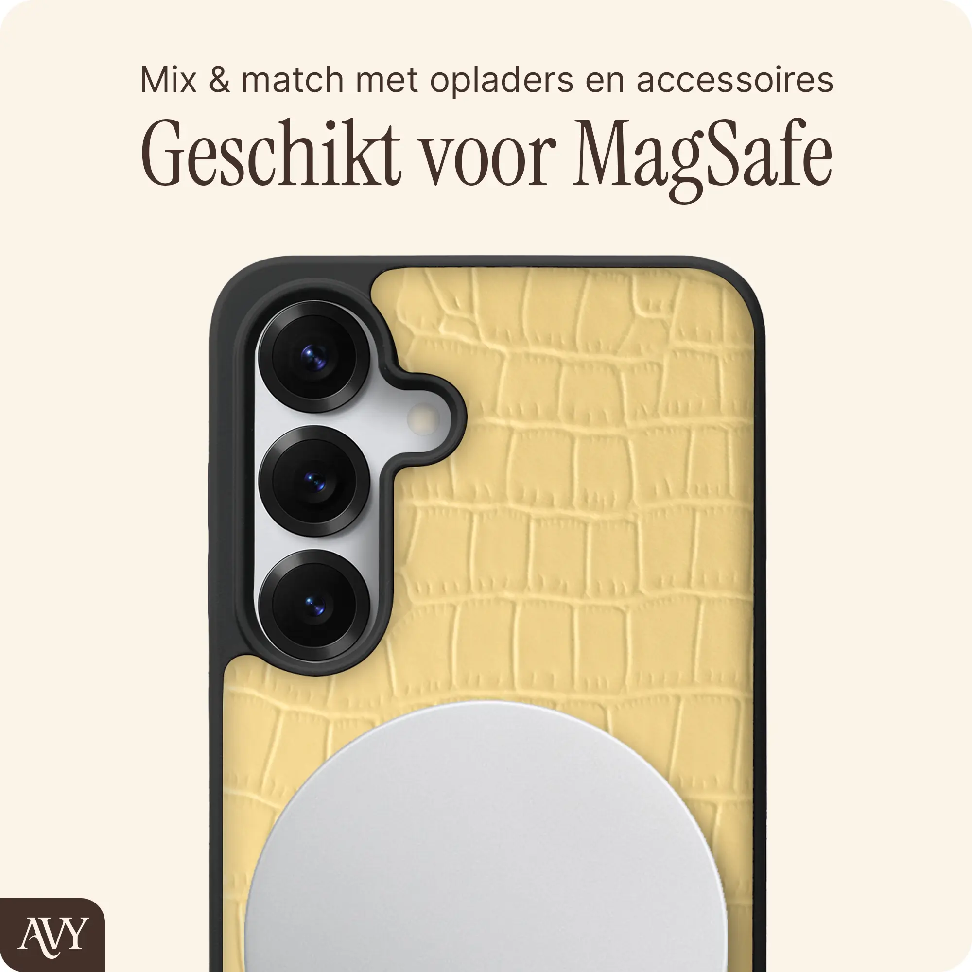 AVY Samsung Galaxy S25 / S24 Hoesje met Koord Haakjes MagSafe Leer Croco Geel afbeelding 6
