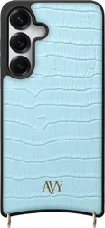 AVY Samsung Galaxy S25 / S24 Hoesje met Koord Haakjes MagSafe Leer Croco Blauw afbeelding