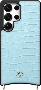 AVY Samsung Galaxy S25 Ultra Hoesje met Koord Haakjes MagSafe Leer Croco Blauw