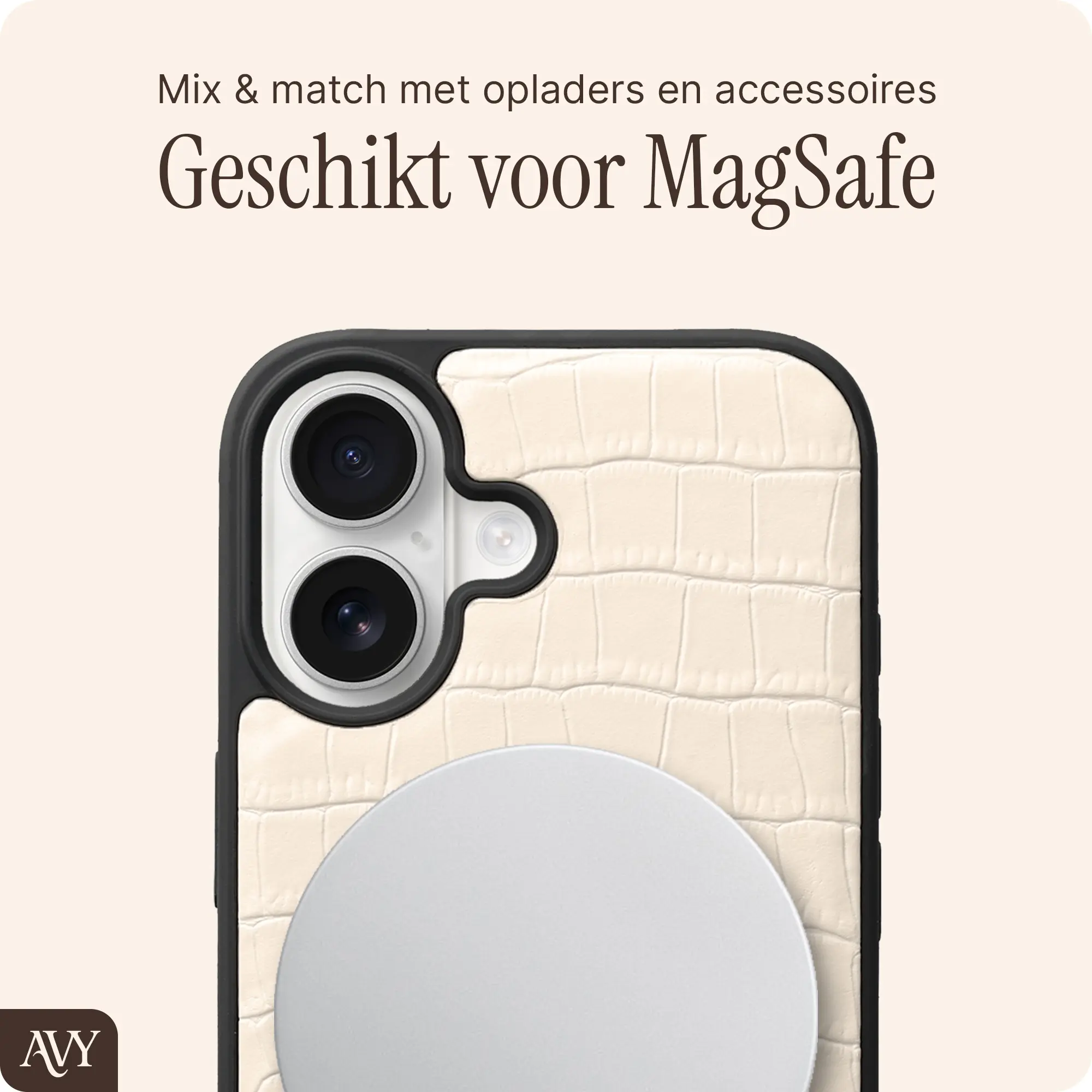 AVY Apple iPhone 16 Hoesje met Koord Haakjes MagSafe Leer Croco Beige afbeelding 8