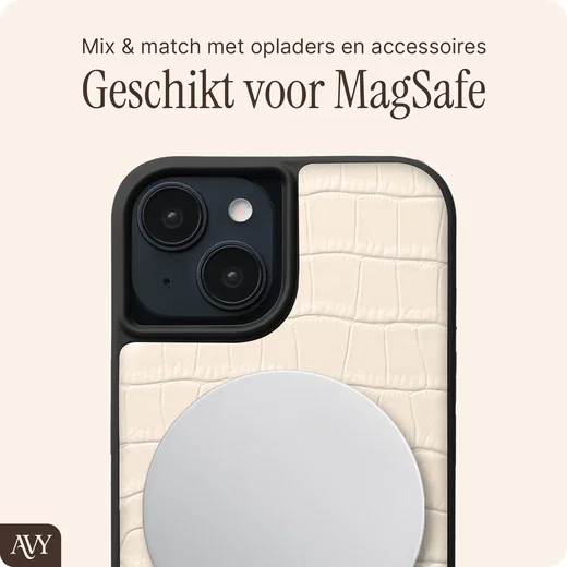AVY Apple iPhone 15 Hoesje met Koord Haakjes MagSafe Leer Croco Beige afbeelding 8