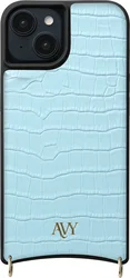AVY Apple iPhone 15 Hoesje met Koord Haakjes MagSafe Leer Croco Blauw afbeelding