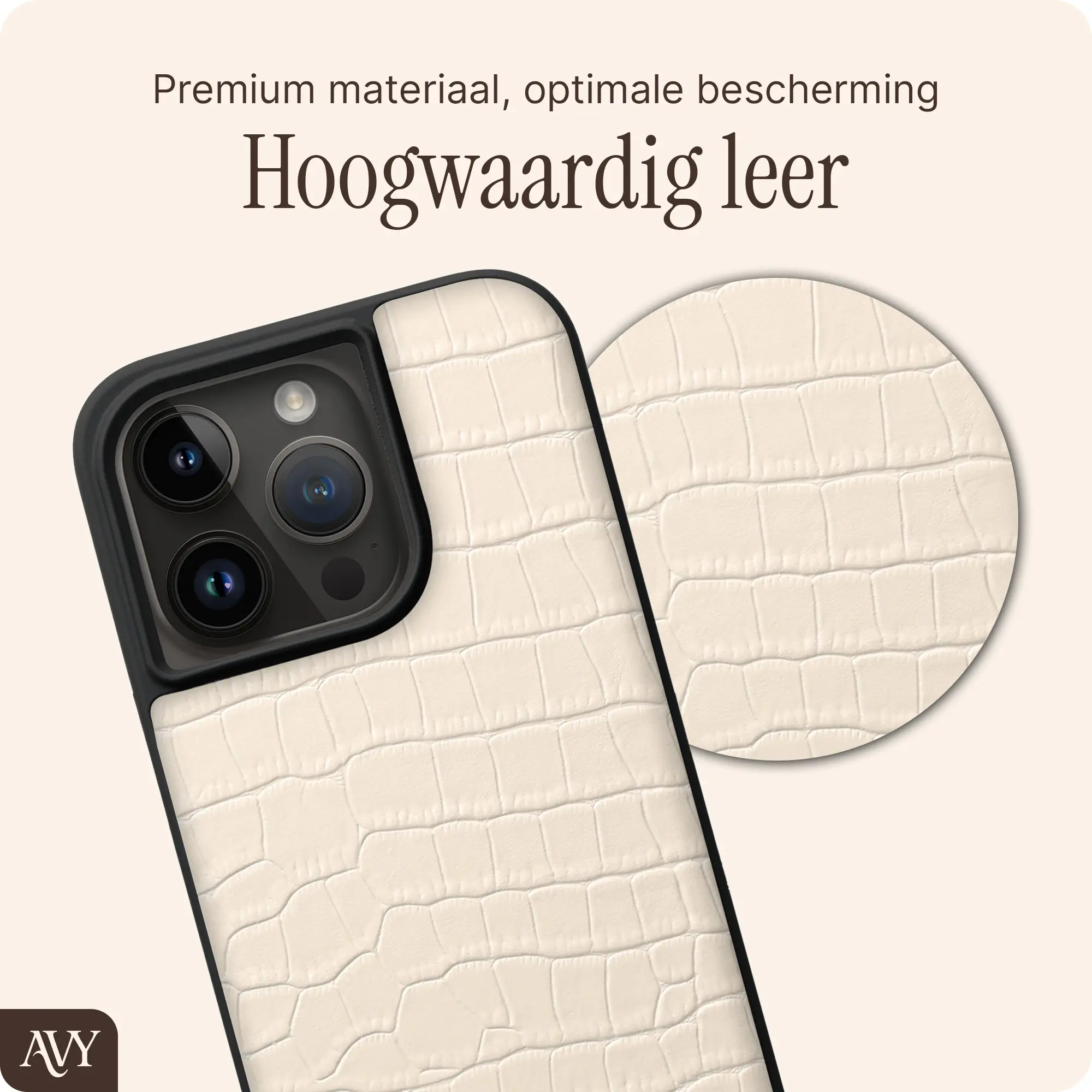 AVY Apple iPhone 15 Pro Hoesje met Koord Haakjes MagSafe Leer Croco Beige afbeelding 7