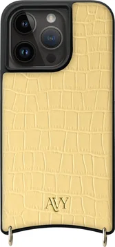 AVY Apple iPhone 15 Pro Hoesje met Koord Haakjes MagSafe Leer Croco Geel