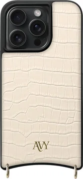 AVY Apple iPhone 15 Pro Max Hoesje met Koord Haakjes MagSafe Leer Croco Beige
