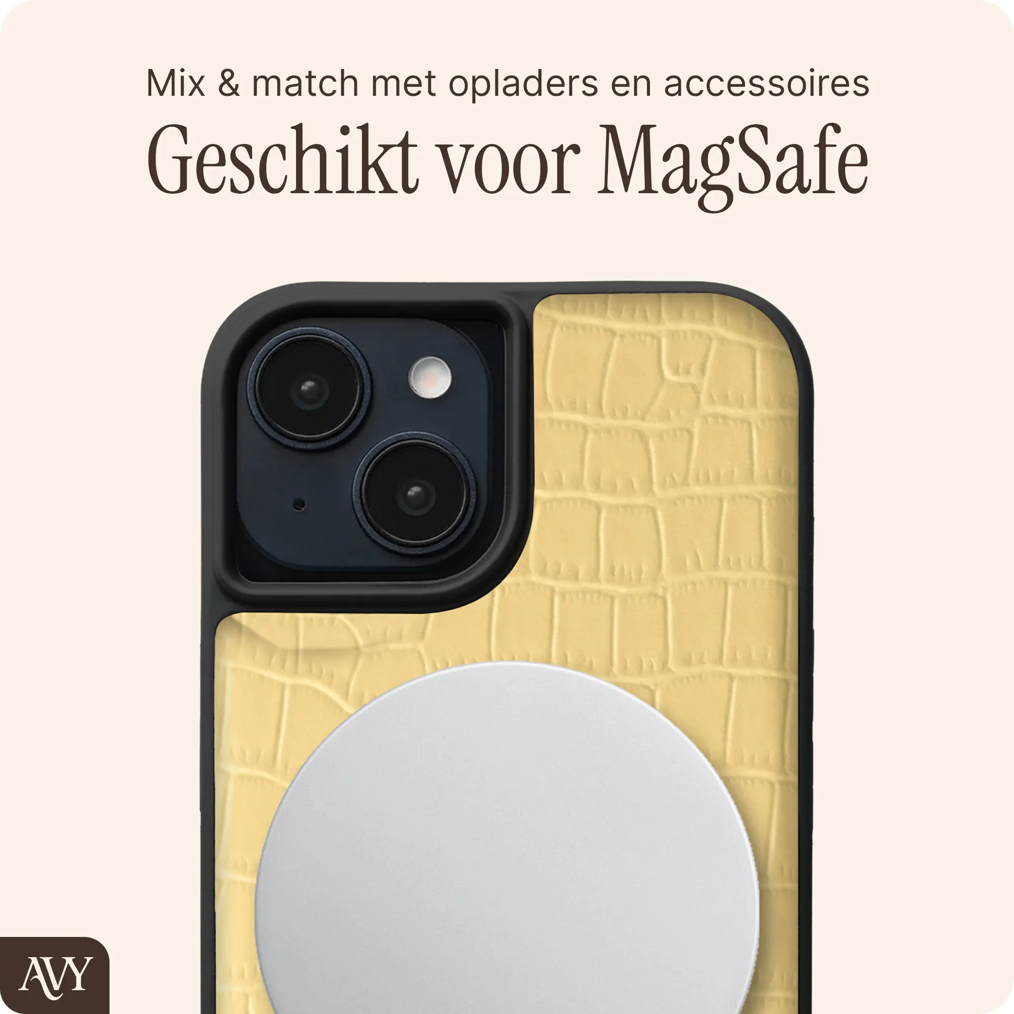 AVY Apple iPhone 14 / 13 Hoesje met Koord Haakjes MagSafe Leer Croco Geel afbeelding 7