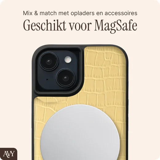 AVY Apple iPhone 14 / 13 Hoesje met Koord Haakjes MagSafe Leer Croco Geel afbeelding 7