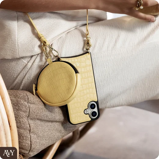 AVY Mini Telefoontasje / Phone Bag Pouch met Rits en Haakje Leer Croco Geel afbeelding 3