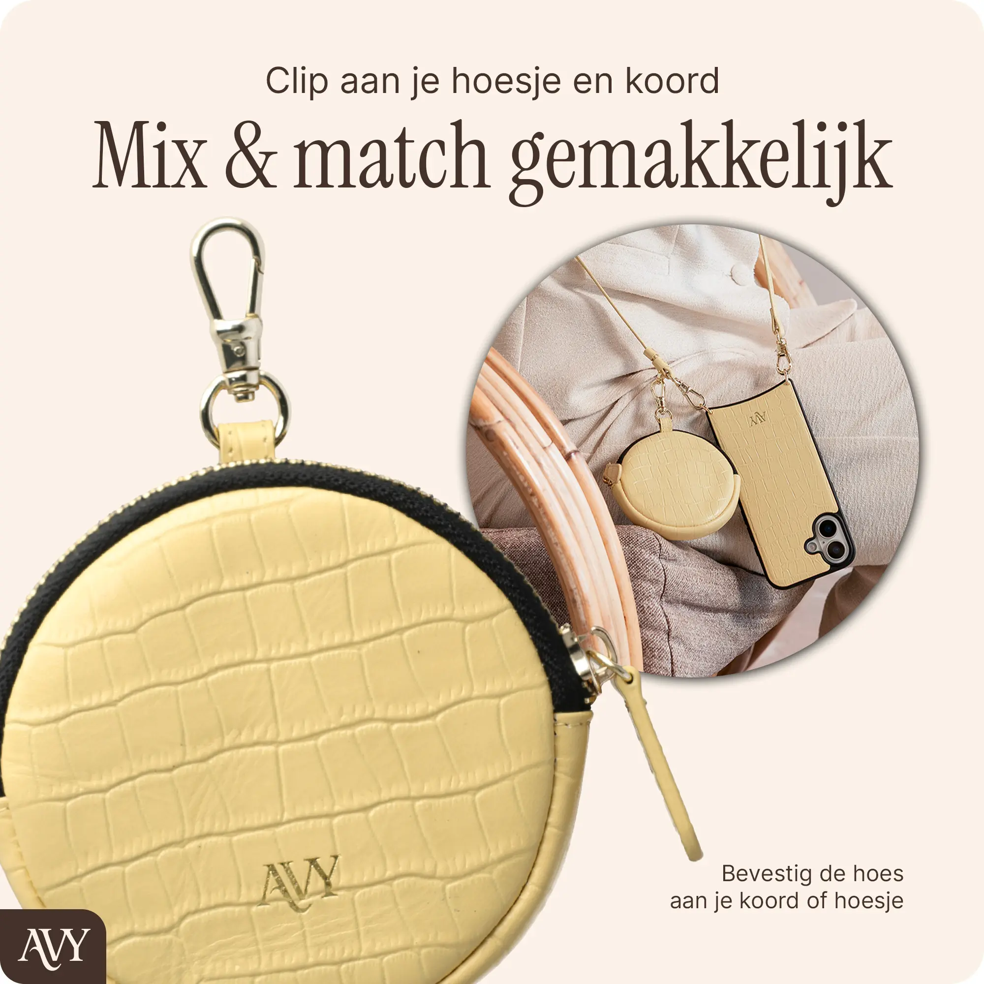 AVY Mini Telefoontasje / Phone Bag Pouch met Rits en Haakje Leer Croco Geel afbeelding 7