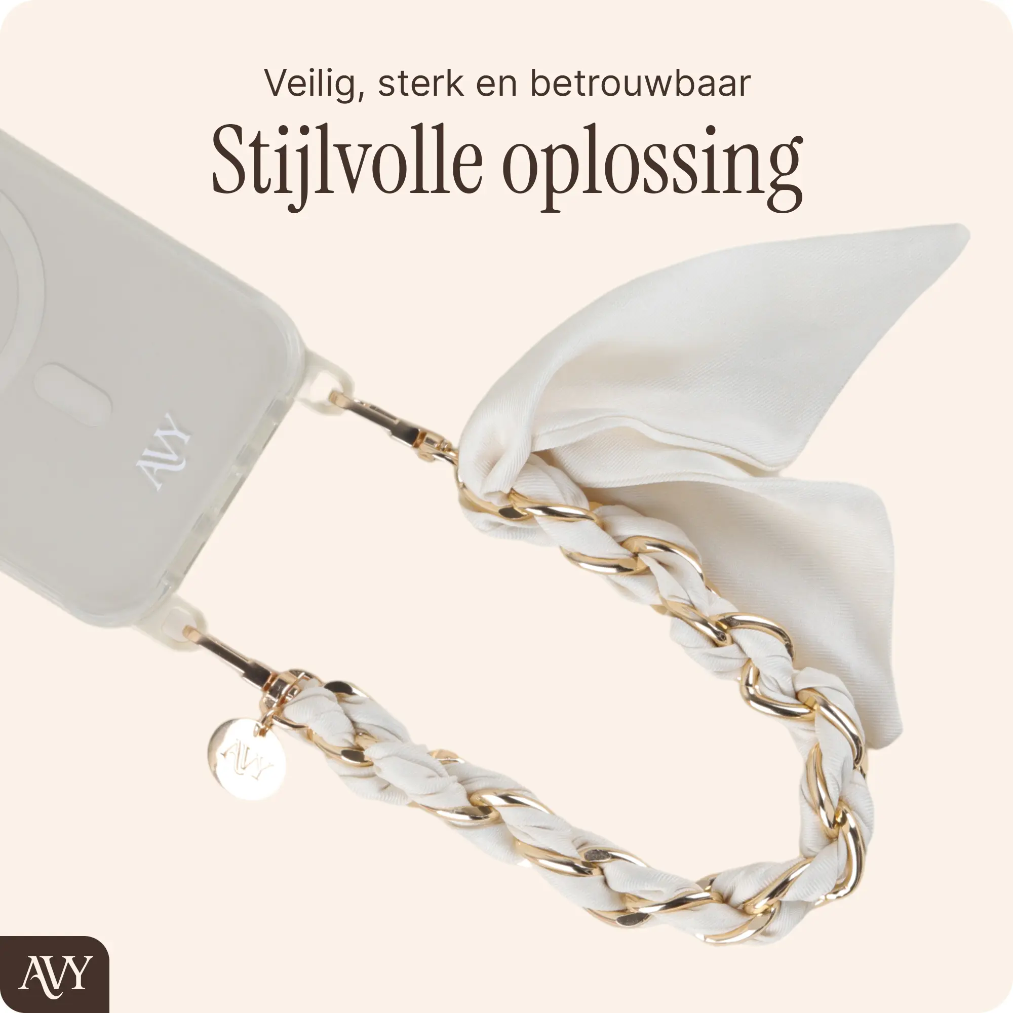 AVY Universeel Sjaal Telefoonkoord / Polsbandje (32CM) Bandana Beige afbeelding 2
