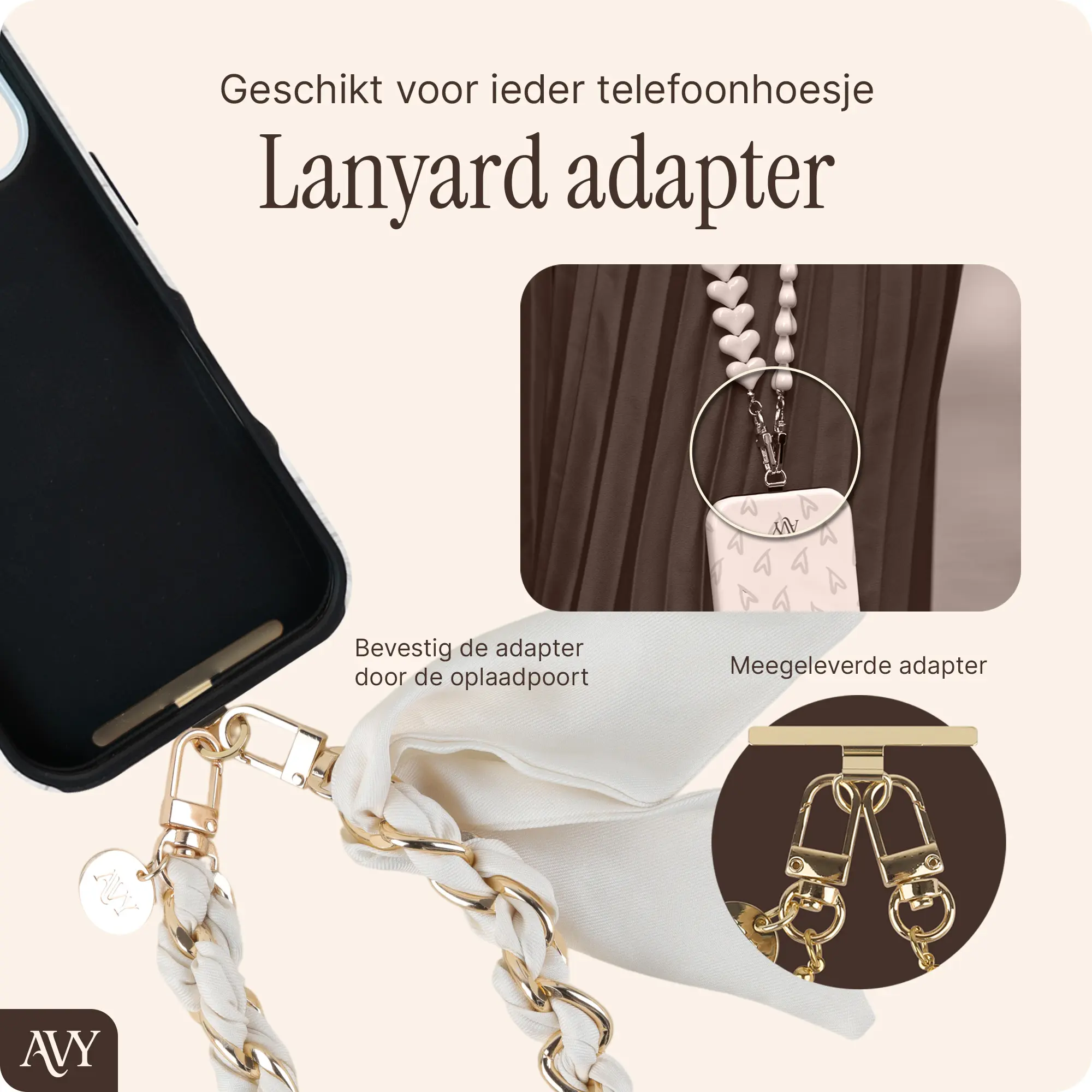AVY Universeel Sjaal Telefoonkoord / Polsbandje (32CM) Bandana Beige afbeelding 3