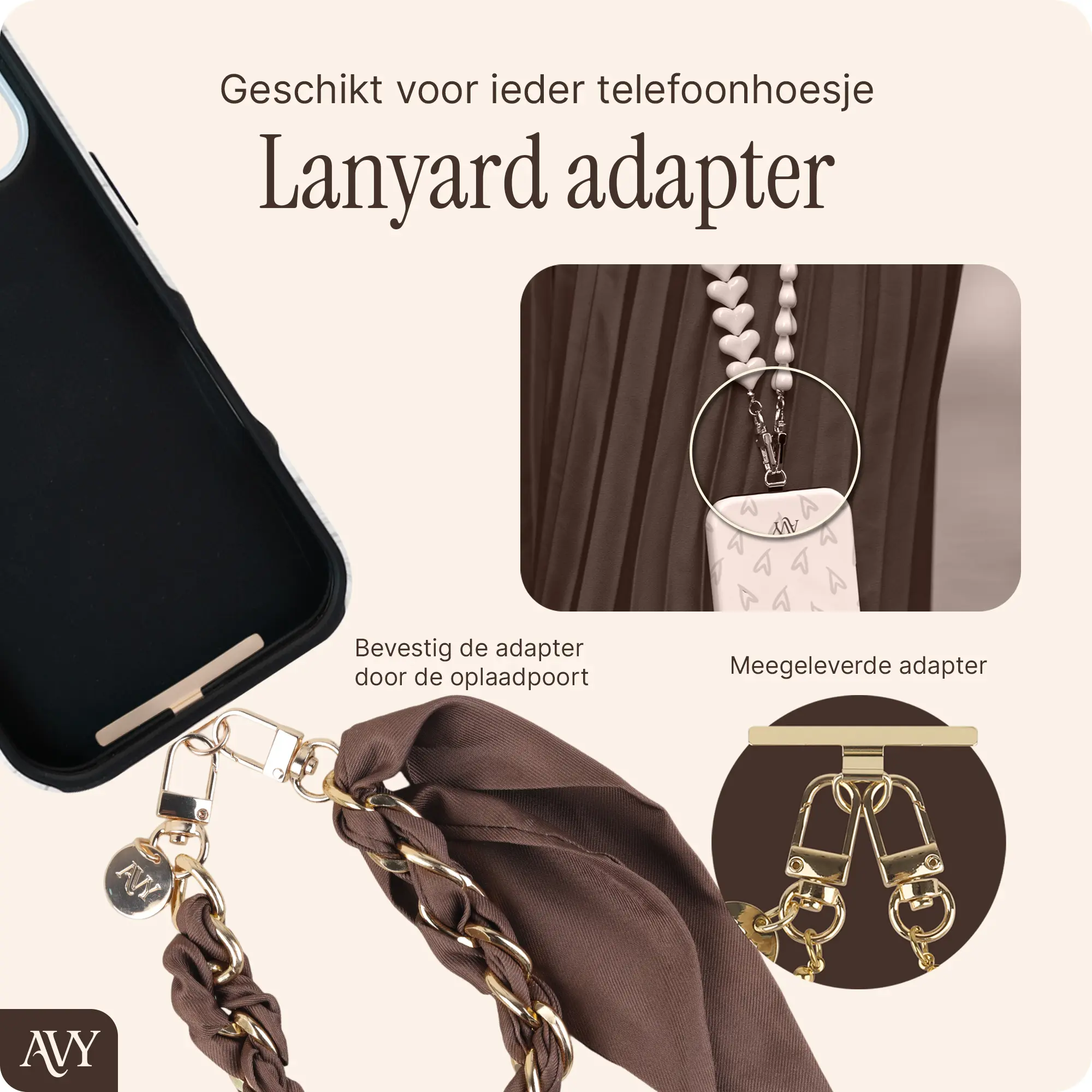 AVY Universeel Sjaal Telefoonkoord / Polsbandje (32CM) Bandana Brown afbeelding 3