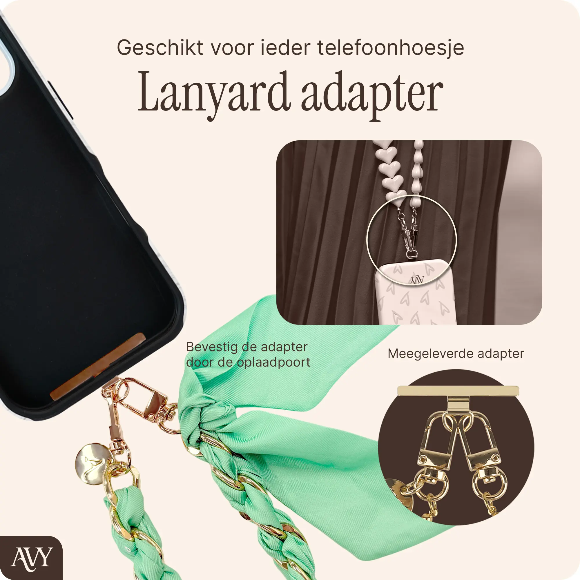 AVY Universeel Sjaal Telefoonkoord / Polsbandje (32CM) Bandana Matcha afbeelding 2
