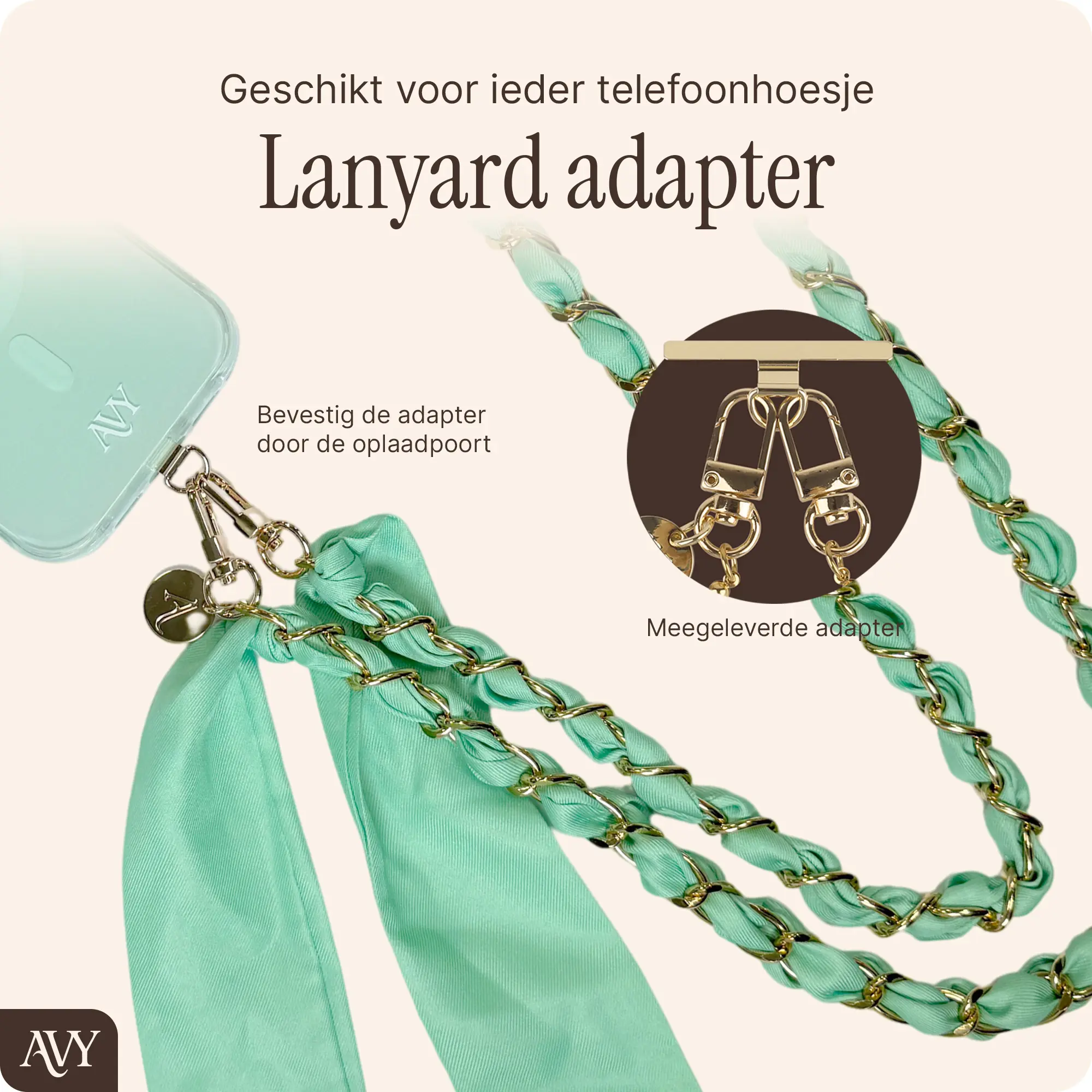 AVY Universeel Sjaal Crossbody Telefoonkoord (120CM) Bandana Matcha afbeelding 3