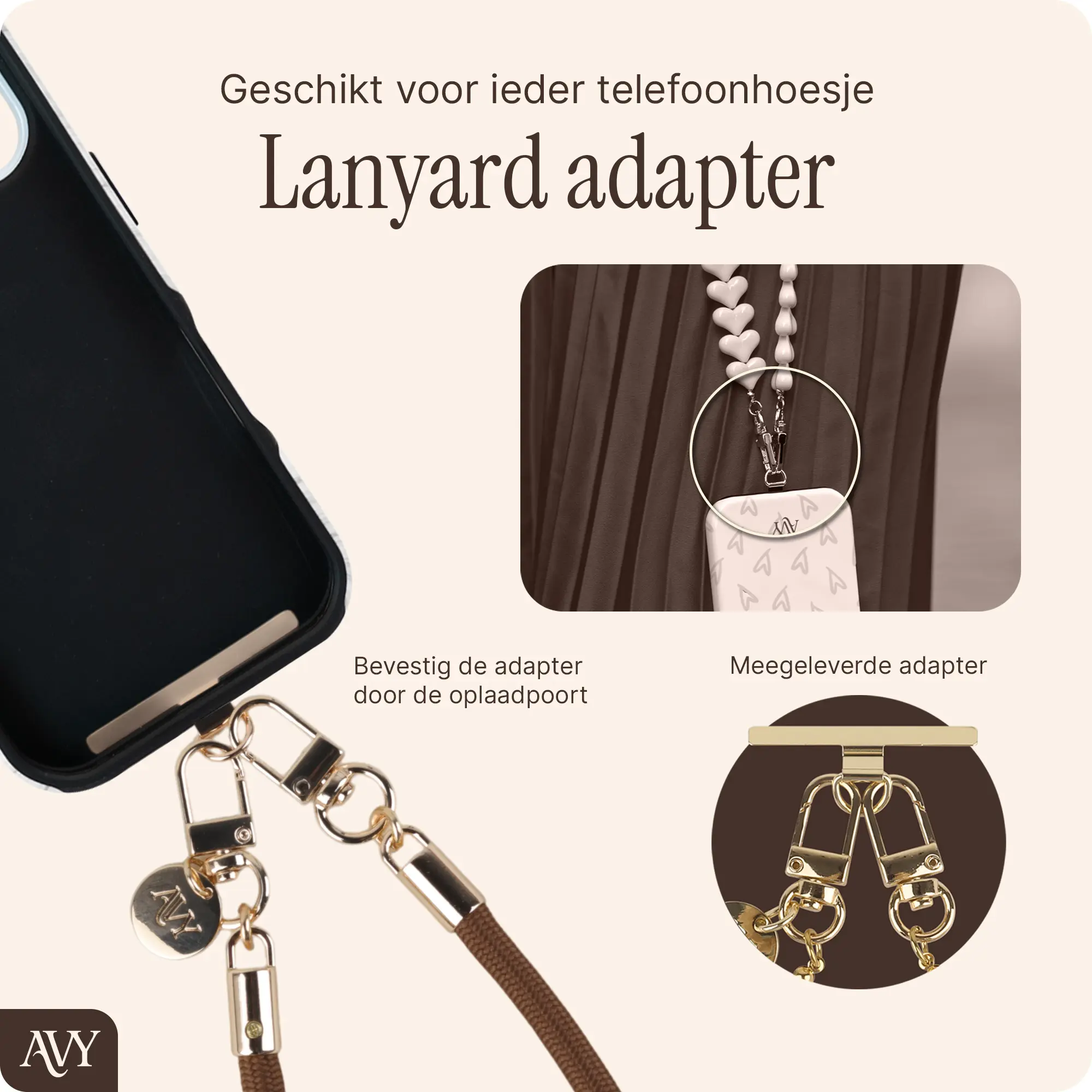 AVY Universeel Armband / Polsband Telefoonkoord Touw (32CM) Tressé Brown afbeelding 3