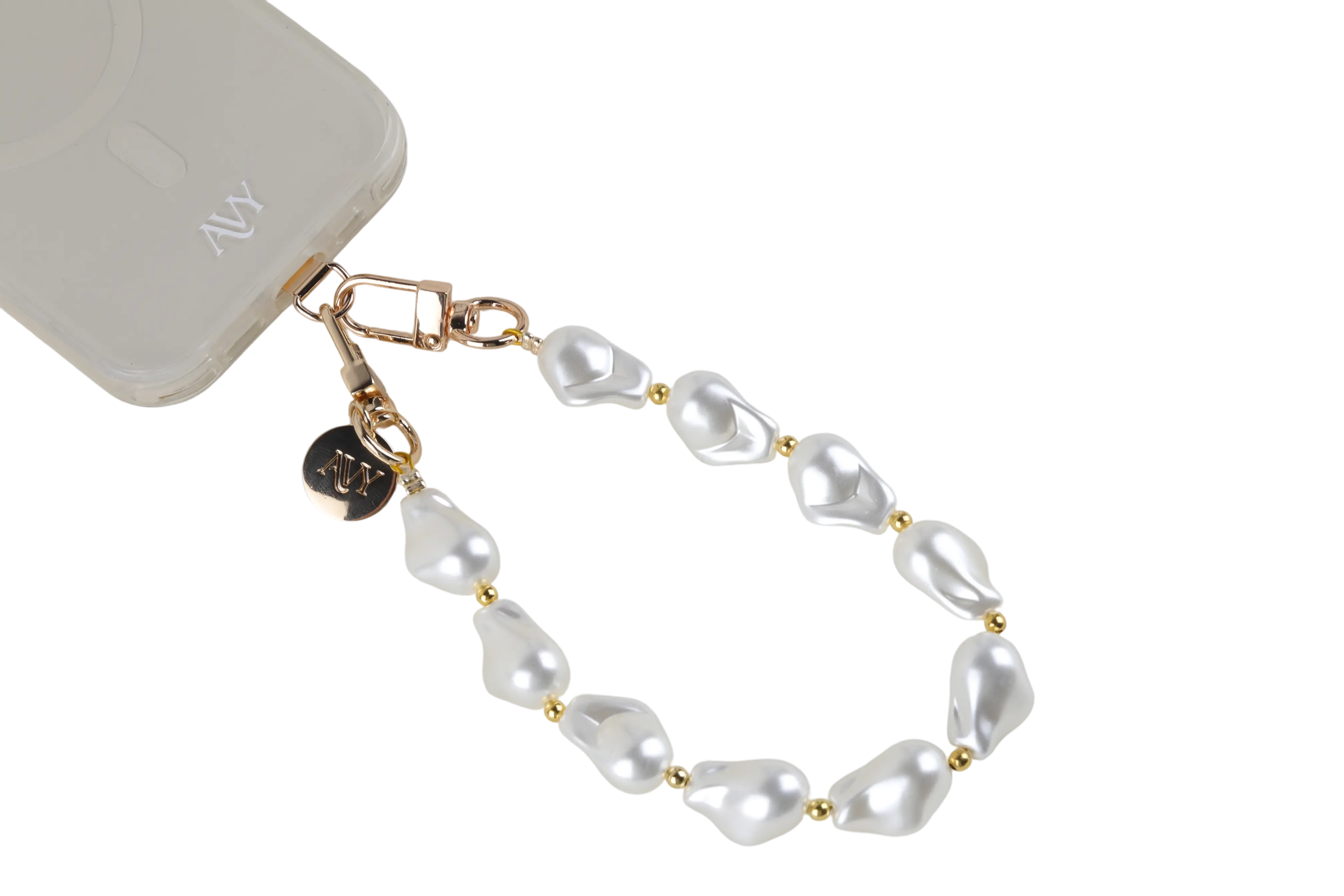 AVY Universeel Armband Polsband Parel Telefoonkoord (32CM) Silver Pearls afbeelding 10