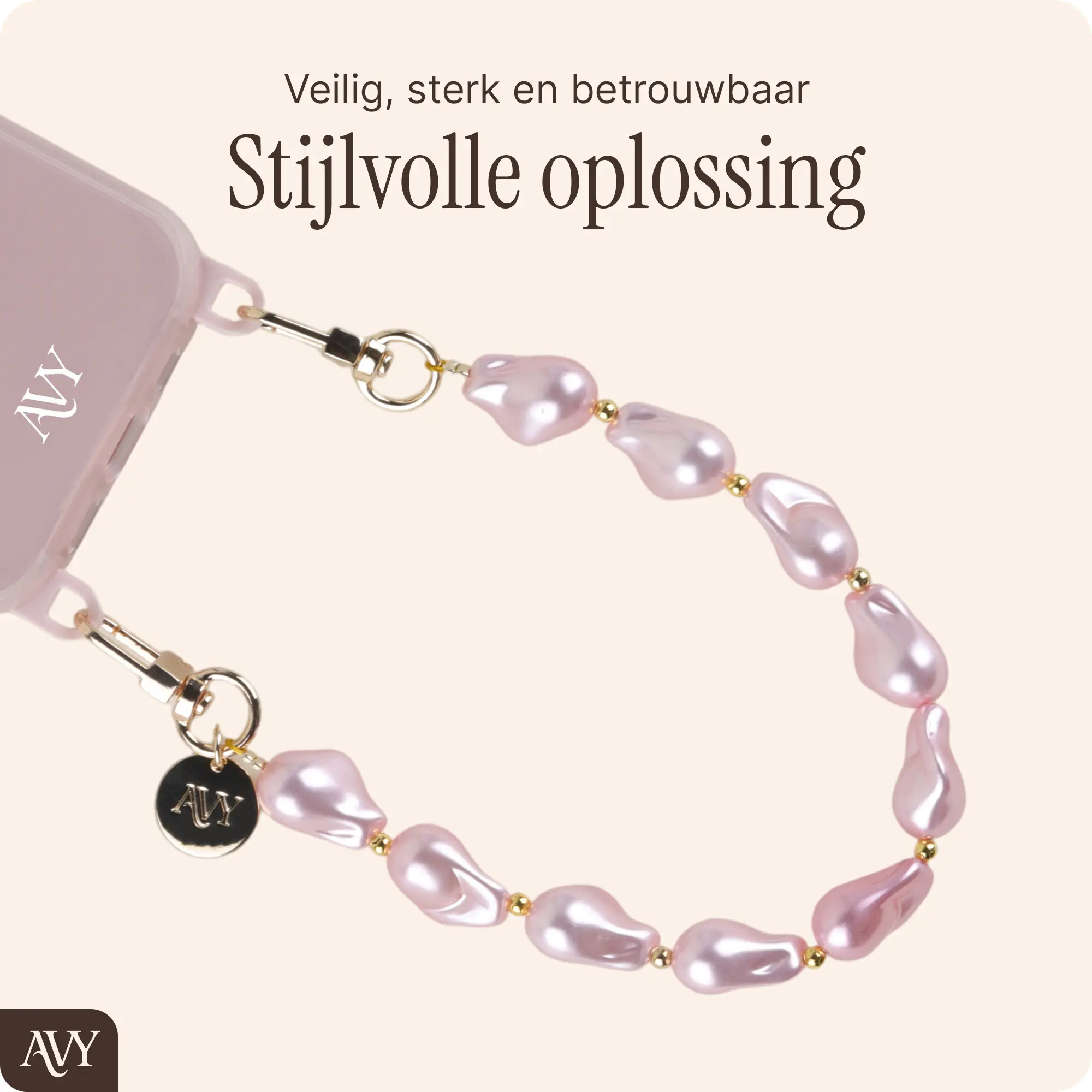 AVY Universeel Armband Polsband Parel Telefoonkoord (32CM) Pink Pearls afbeelding 5