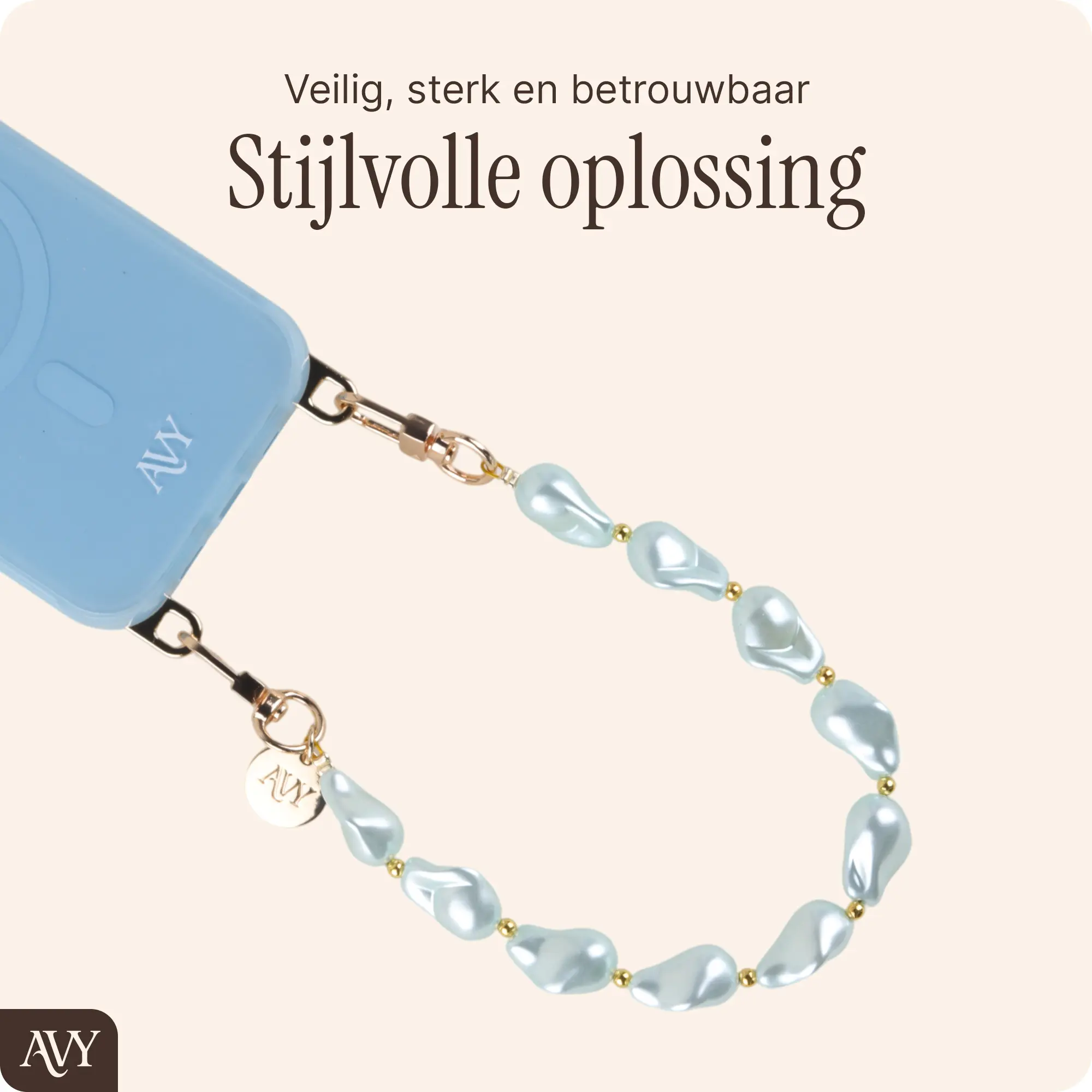 AVY Universeel Armband Polsband Parel Telefoonkoord (32CM) Blue Pearls afbeelding 5