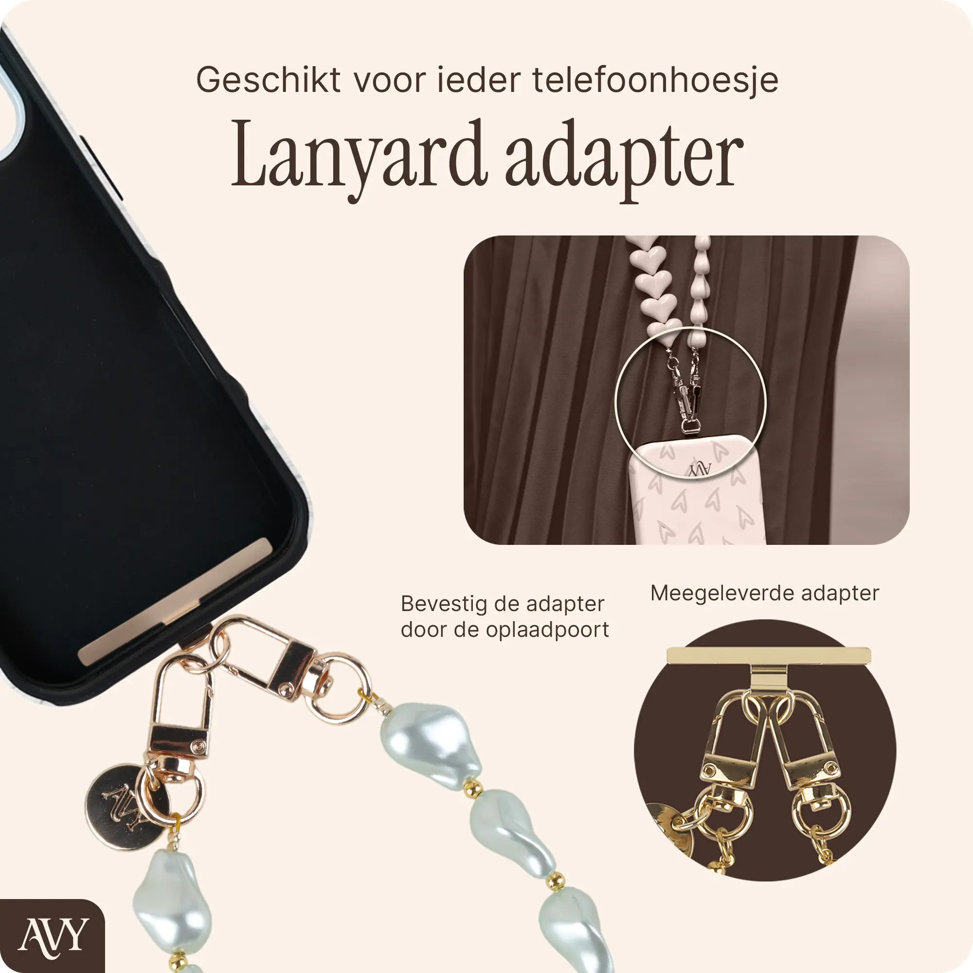 AVY Universeel Armband Polsband Parel Telefoonkoord (32CM) Matcha Pearls afbeelding 6