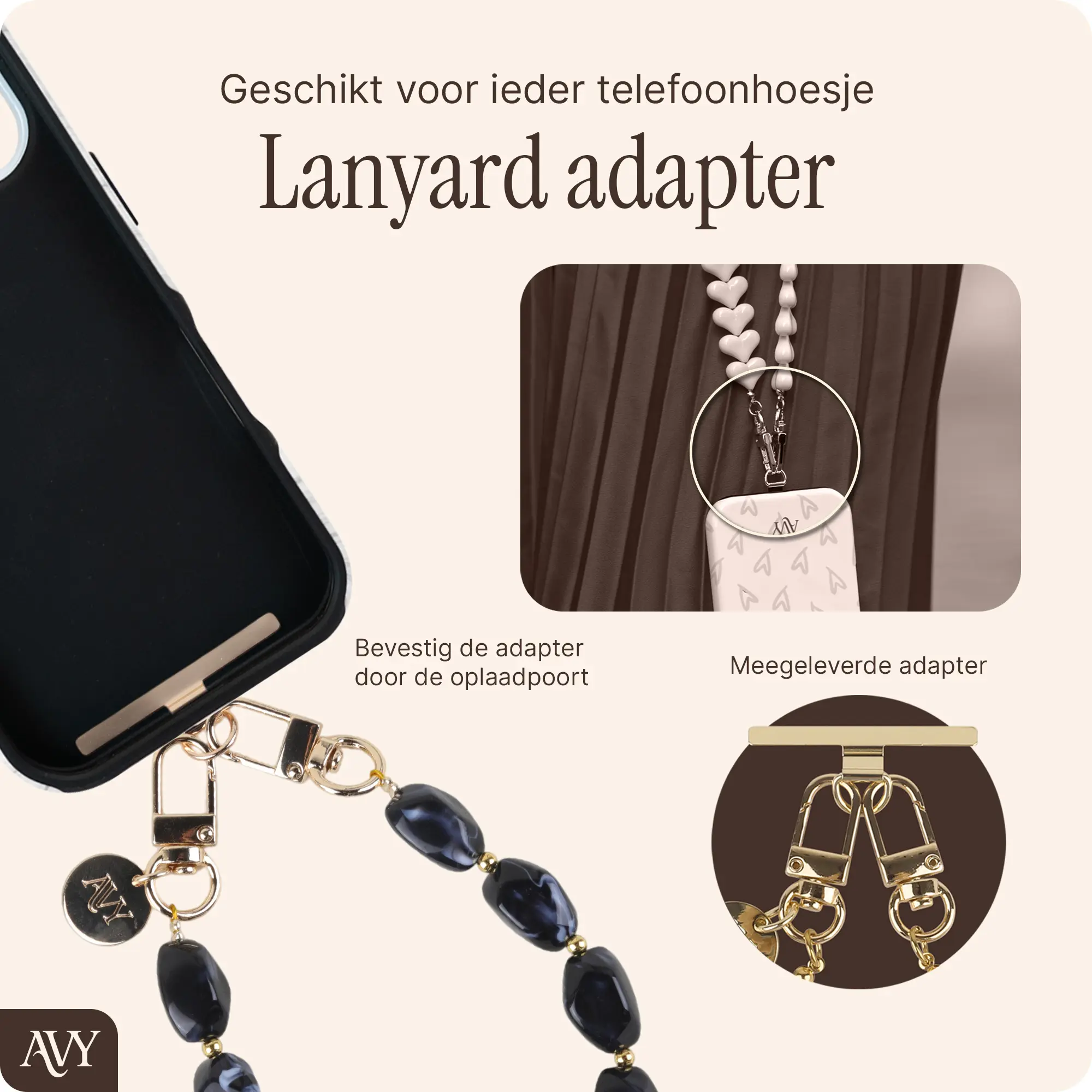 AVY Universeel Armband Polsband Stenen Telefoonkoord (32CM) Rocher Black afbeelding 4