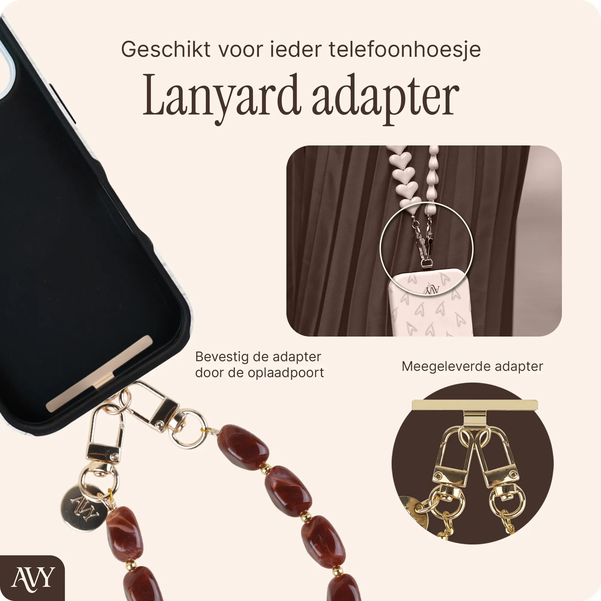 AVY Universeel Armband Polsband Stenen Telefoonkoord (32CM) Rocher Brown afbeelding 4