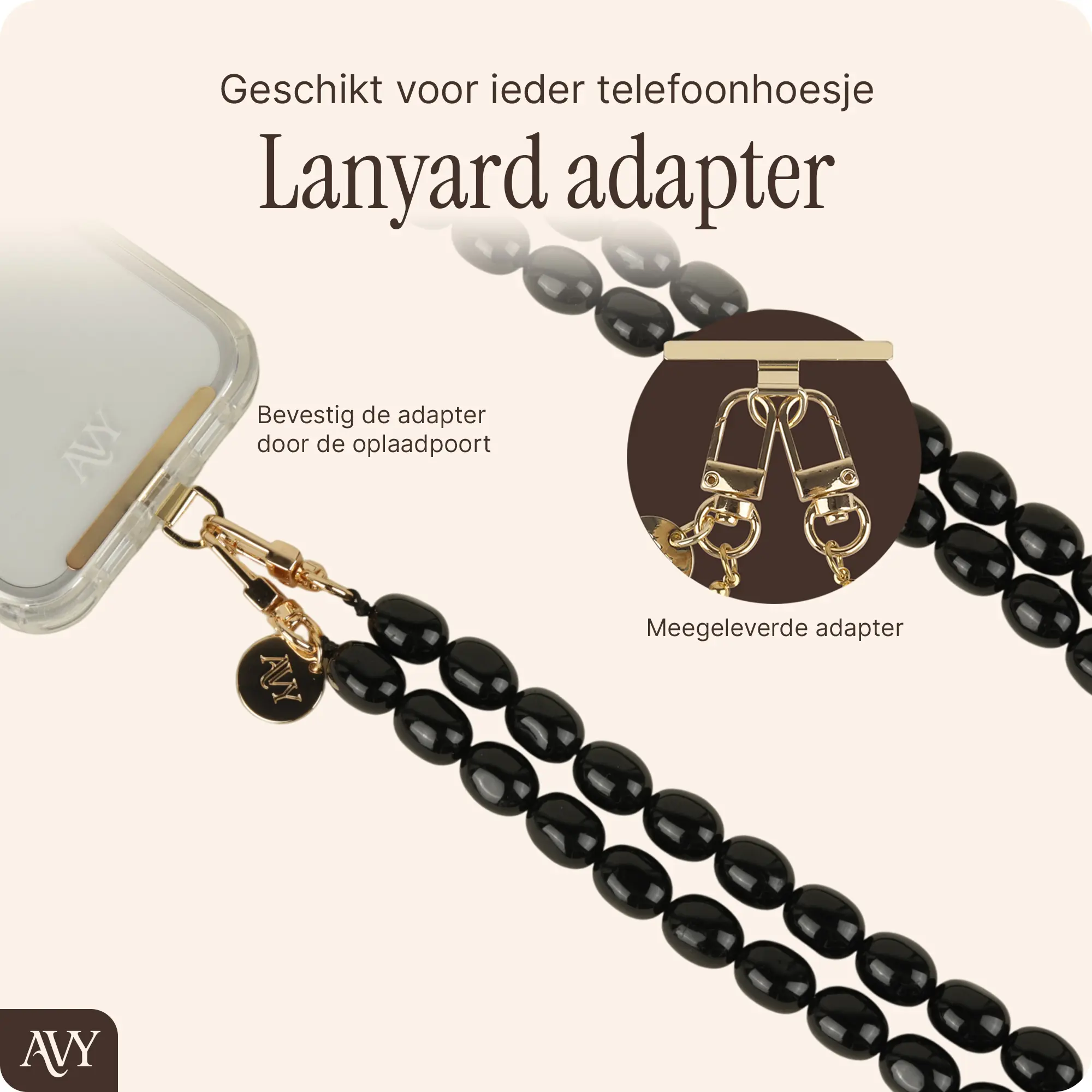AVY Universeel Ketting Crossbody Kralen Telefoonkoord (120CM) Rosario Black afbeelding 2
