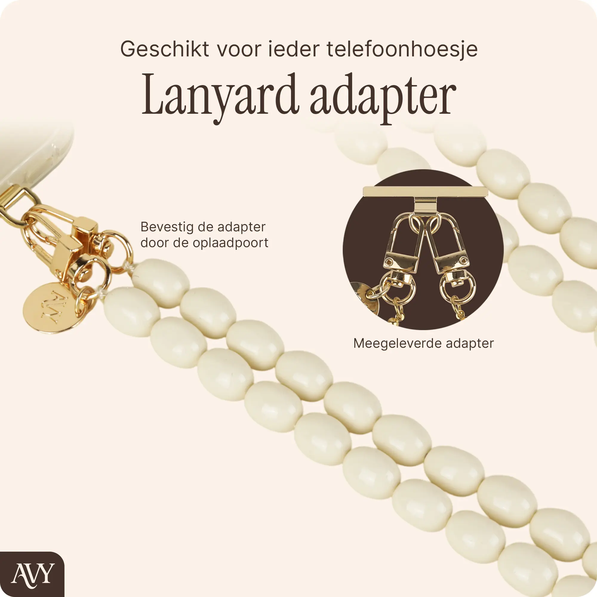AVY Universeel Ketting Crossbody Kralen Telefoonkoord (120CM) Rosario Beige afbeelding 2