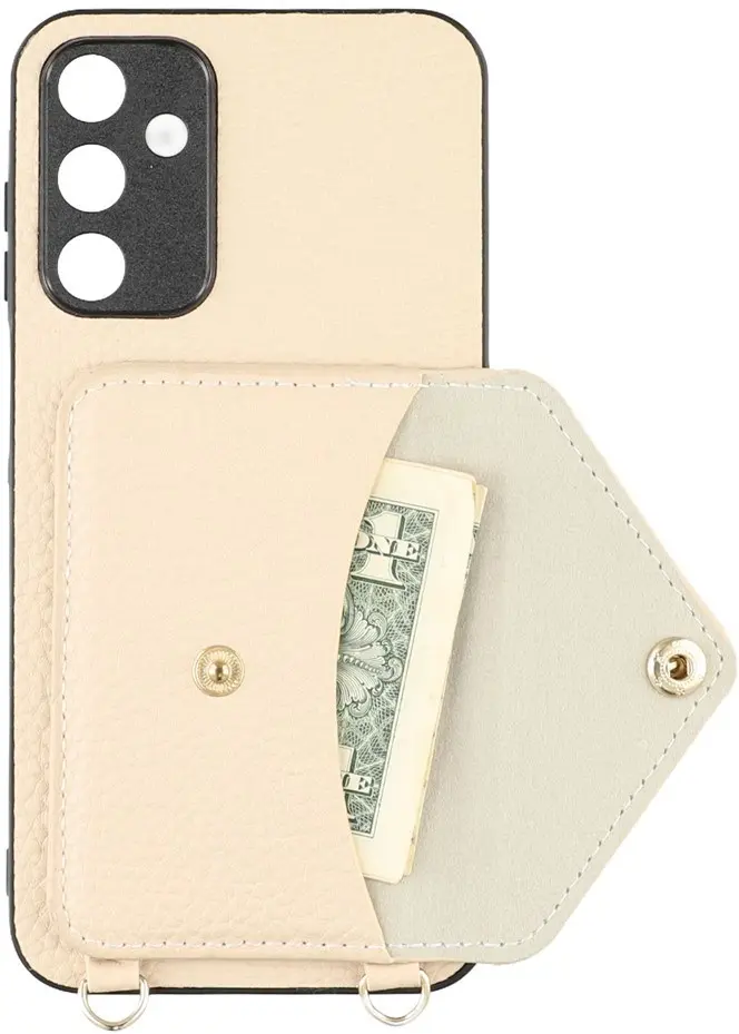 Samsung Galaxy A57 Hoesje met Pasjeshouder Litchi PU Leer met Koord Beige afbeelding 3