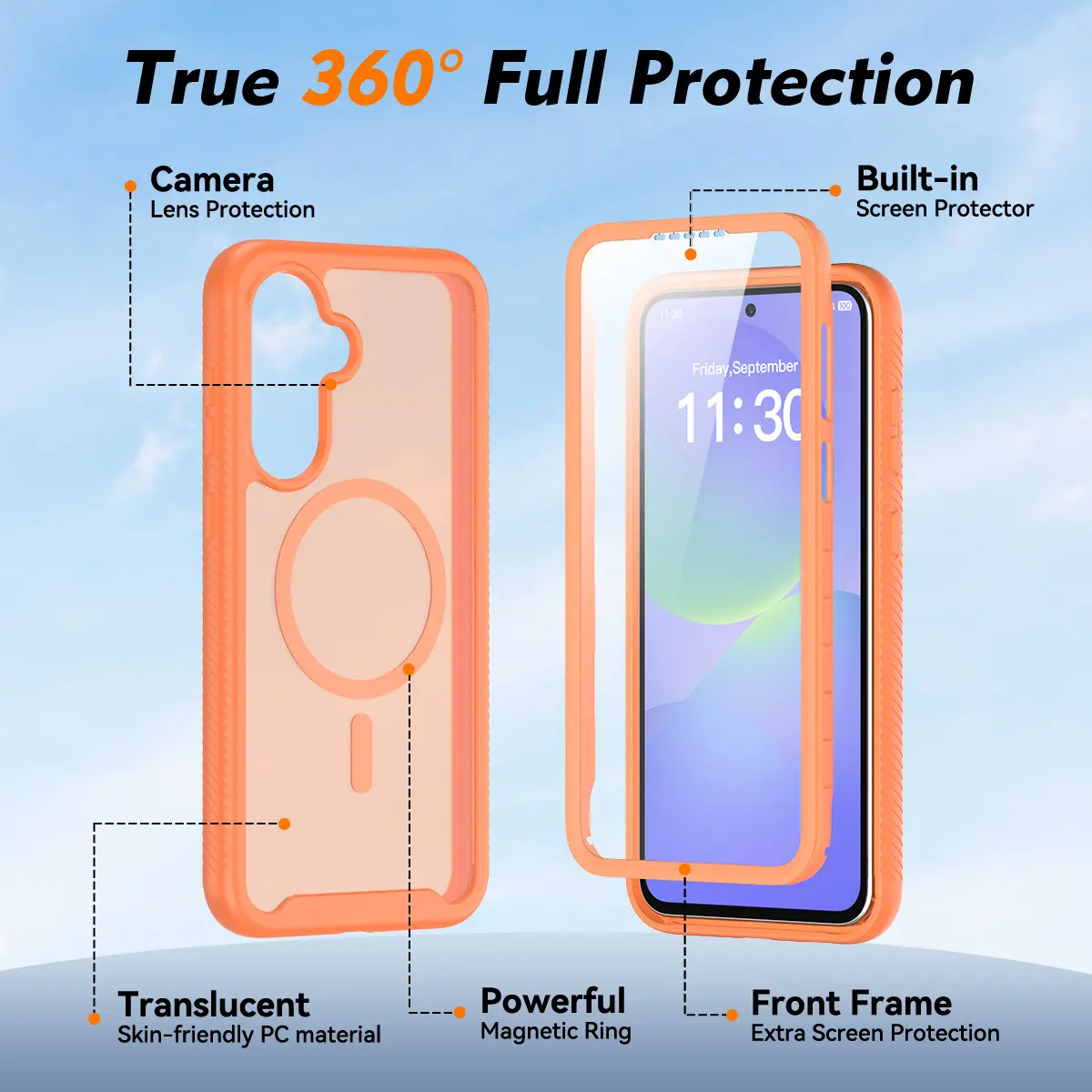 Samsung A37 / A36 / A56 Hoesje Full Protect 360° Cover MagSafe Matte Oranje afbeelding 5