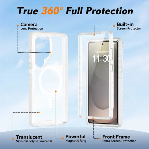 Samsung S25 Ultra Hoesje Full Protect 360° Cover met MagSafe Matte Transparant afbeelding 5