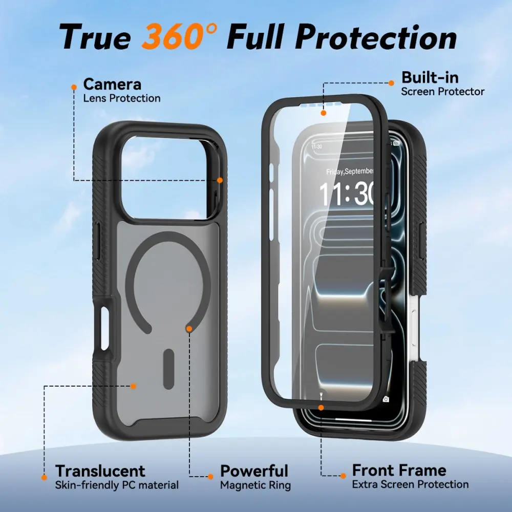 Apple iPhone 17 Pro Hoesje Full Protect 360° Cover met MagSafe Matte Zwart afbeelding 5