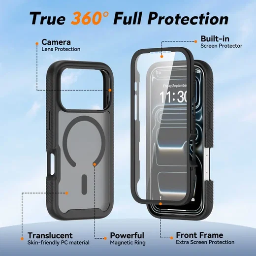 Apple iPhone 17 Pro Hoesje Full Protect 360° Cover met MagSafe Matte Zwart afbeelding 5