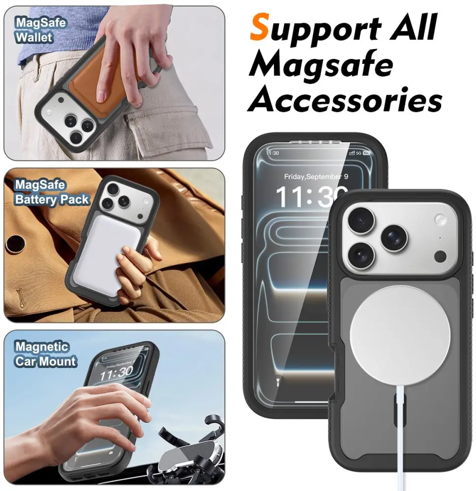 Apple iPhone 17 Pro Hoesje Full Protect 360° Cover met MagSafe Matte Zwart afbeelding 8
