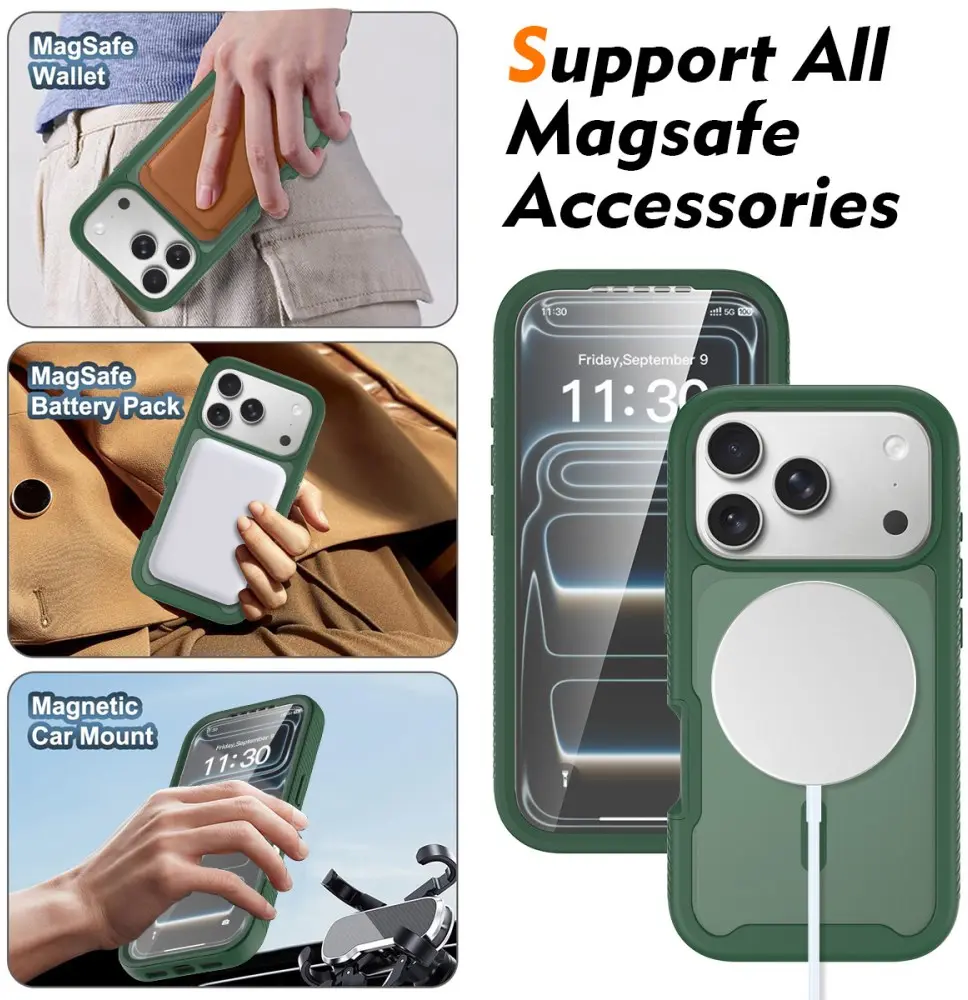 Apple iPhone 17 Pro Hoesje Full Protect 360° Cover met MagSafe Matte Groen afbeelding 7