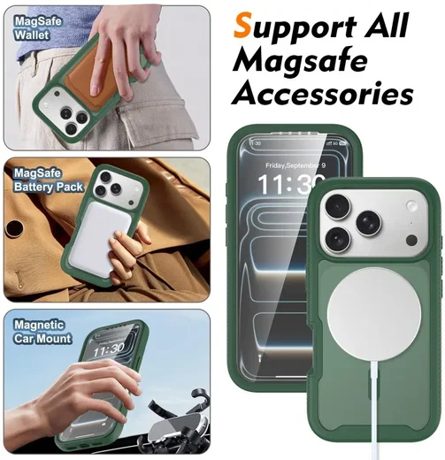 Apple iPhone 17 Pro Hoesje Full Protect 360° Cover met MagSafe Matte Groen afbeelding 7