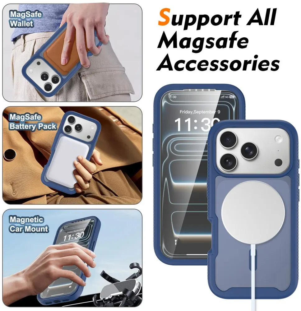 Apple iPhone 17 Pro Hoesje Full Protect 360° Cover met MagSafe Matte Blauw afbeelding 7