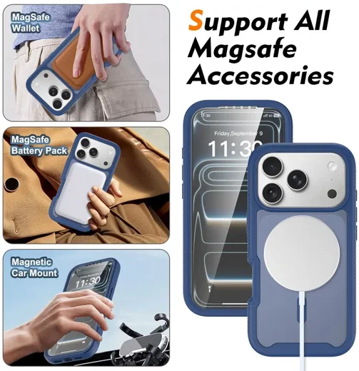 Apple iPhone 17 Pro Hoesje Full Protect 360° Cover met MagSafe Matte Blauw afbeelding 7