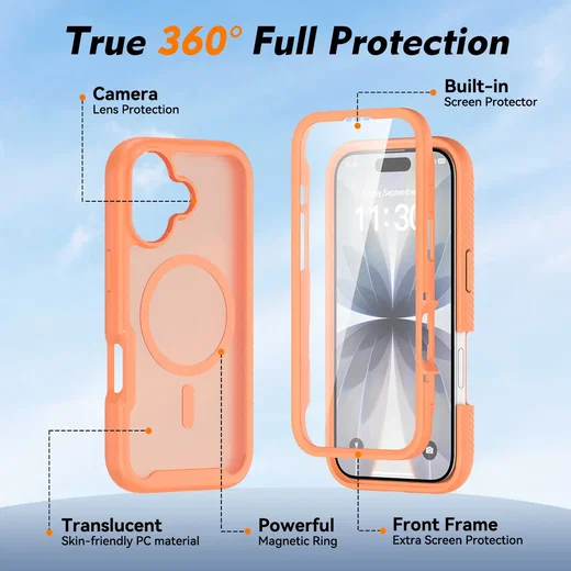 Apple iPhone 17 Hoesje Full Protect 360° Cover met MagSafe Matte Oranje afbeelding 7