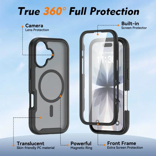 Apple iPhone 17 Hoesje Full Protect 360° Cover met MagSafe Matte Zwart afbeelding 5