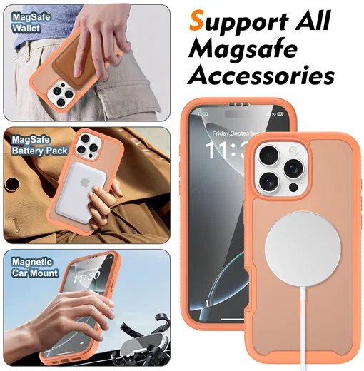 Apple iPhone 16 Pro Max Hoesje Full Protect 360° Cover met MagSafe Matte Oranje afbeelding 5