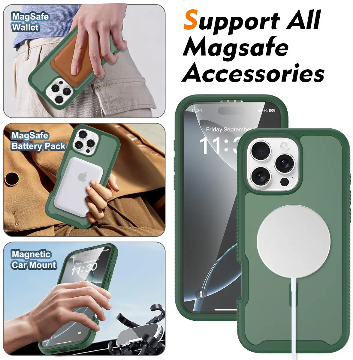 Apple iPhone 16 Pro Max Hoesje Full Protect 360° Cover met MagSafe Matte Groen afbeelding 5